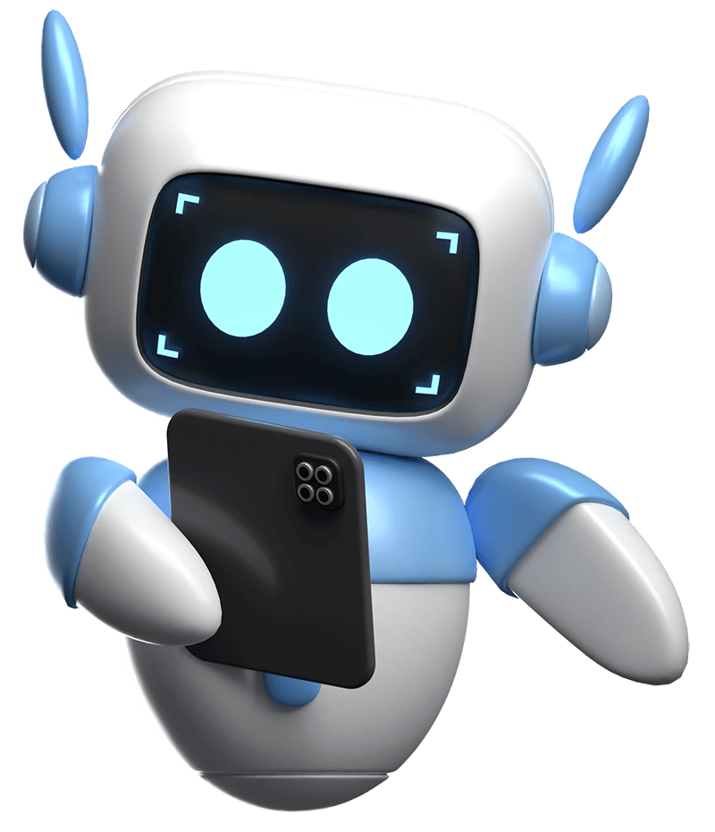 A small blue and white robot with glowing eyes, designed as an AI Call Receptionist, holds a smartphone.