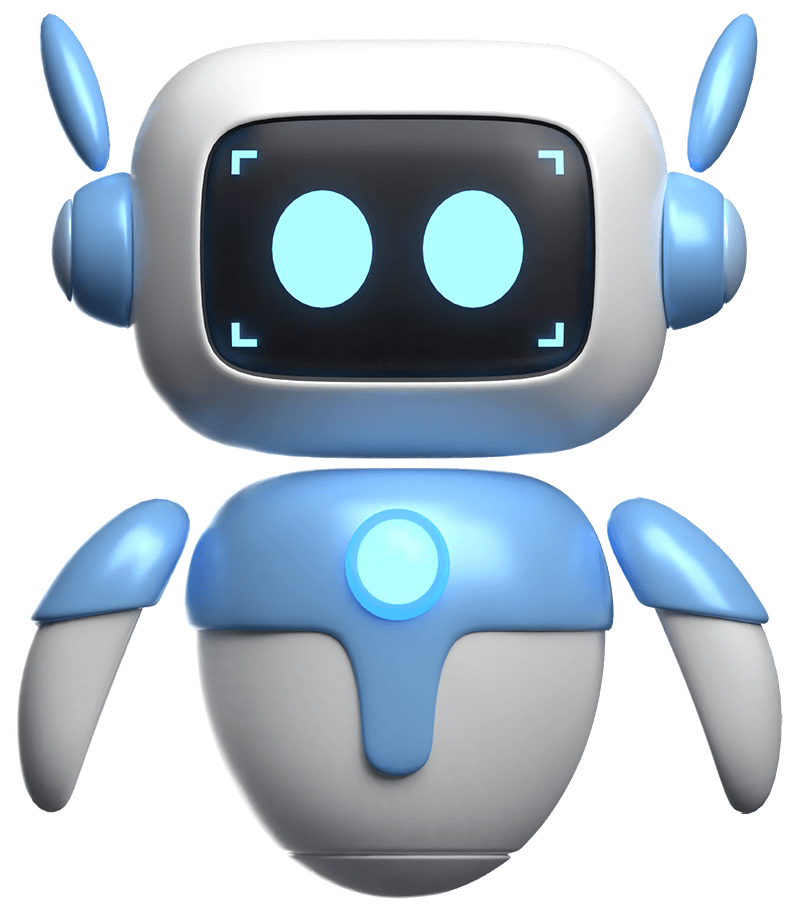 A cartoon-style robot with a square head, glowing blue eyes, and a blue and white body adeptly serves as an AI Call Receptionist. Featuring antennae and simple limbs, it brings a friendly touch to handling your calls.
