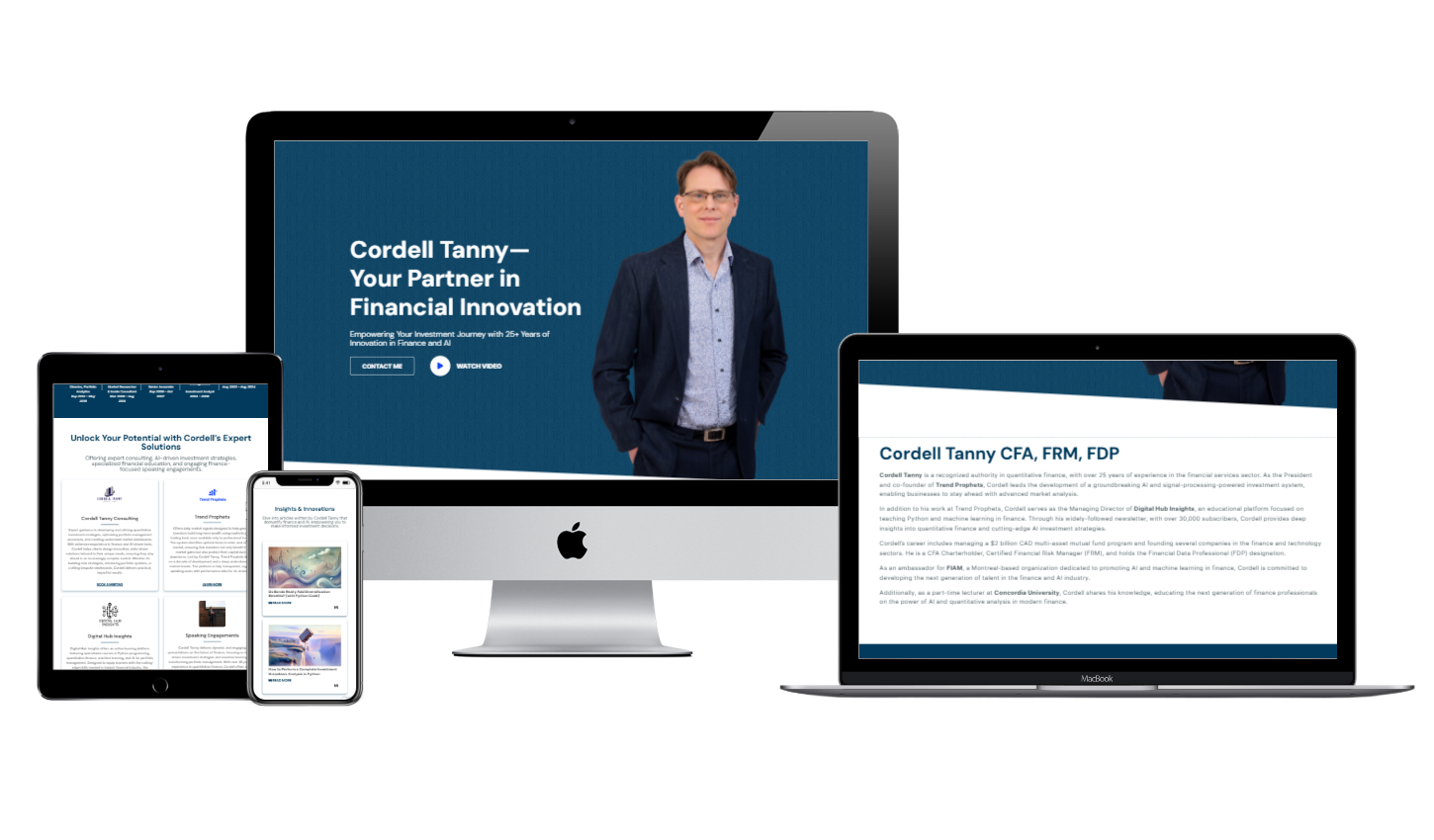 Various devices display a website featuring a person in a suit with text about financial innovation, consulting services, and a captivating branding case study.