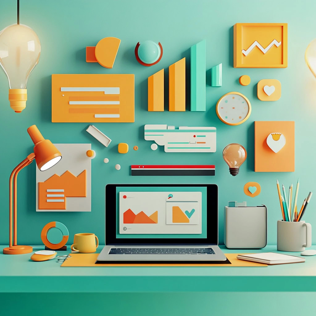 A colorful workspace with a laptop, desk lamp, stationery, and 3D charts on the wall—perfect for crafting attention-catching online ads. The teal desk against vibrant orange and turquoise decor sparks creativity.