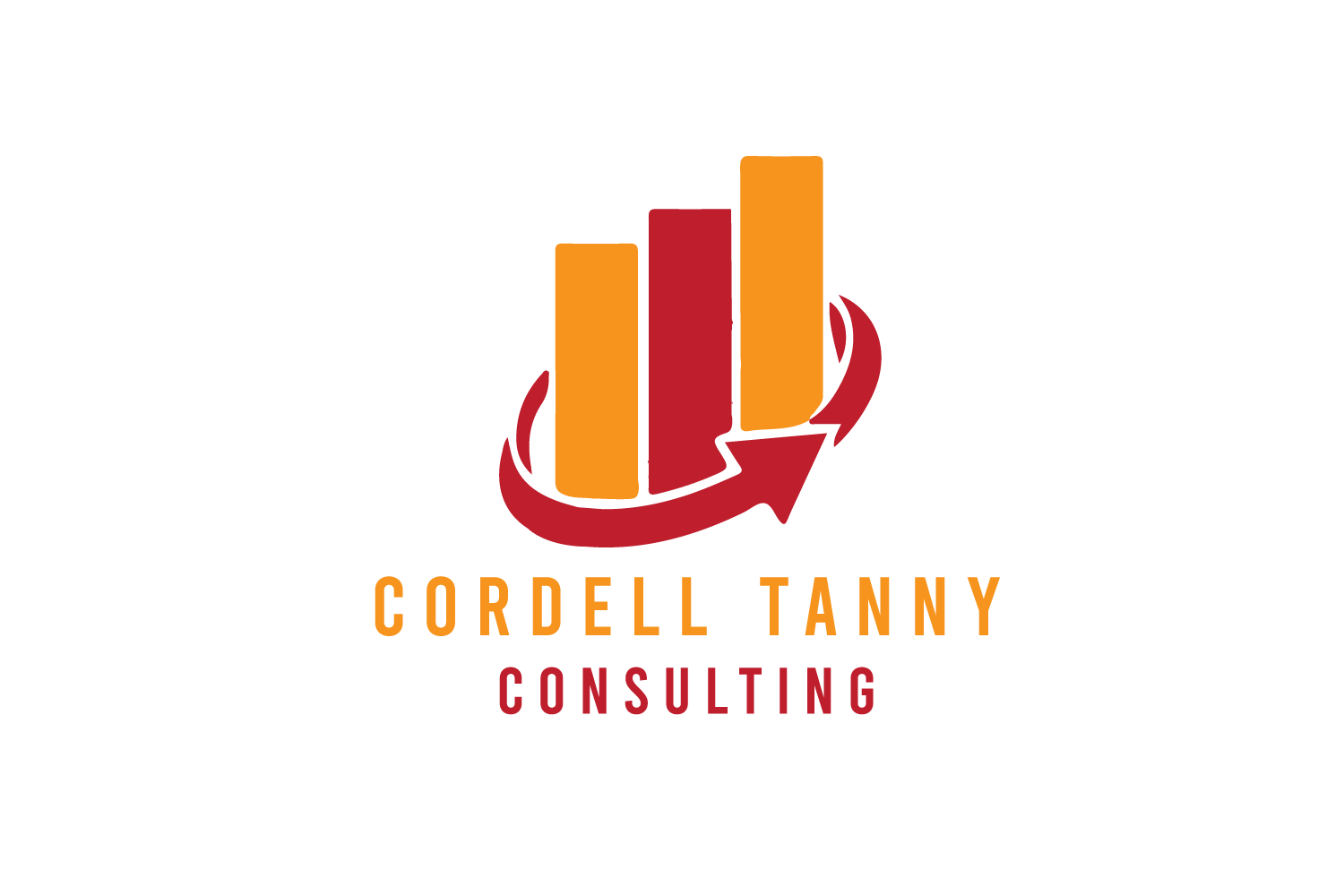 Logo of Cordell Tanny Consulting, showcasing three ascending bar charts with a circular arrow in orange and red tones, exemplifying the dynamic essence of their branding case study.