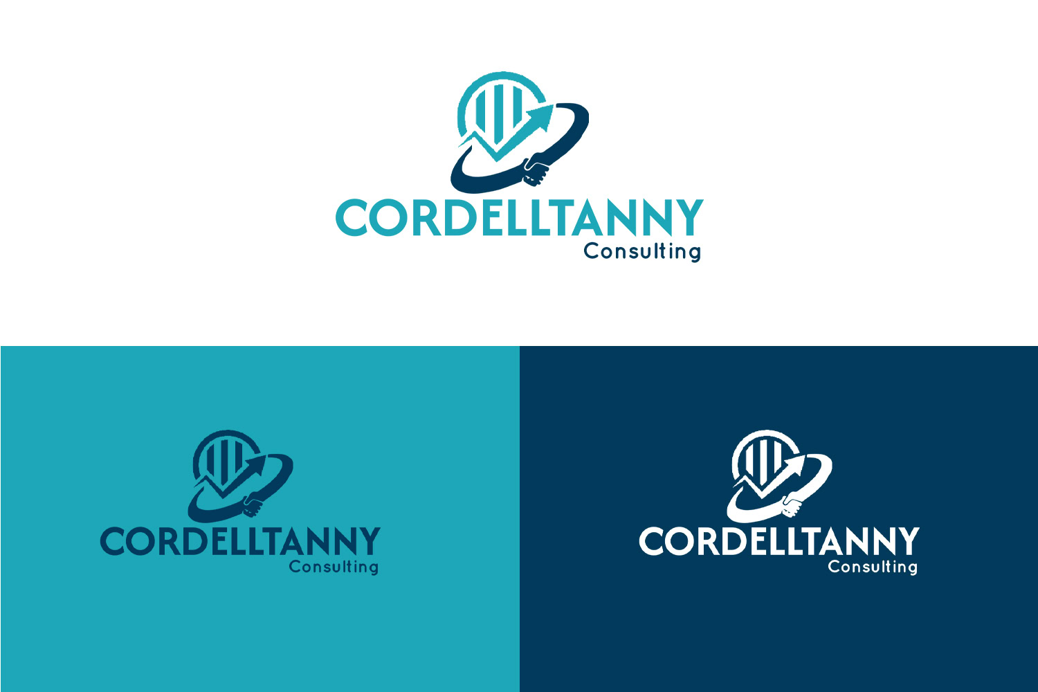 Logo for Cordell Tanny Consulting: features a stylized building and handshake motif, with variations in teal, navy, and white backgrounds. This design is a part of our latest branding case study.