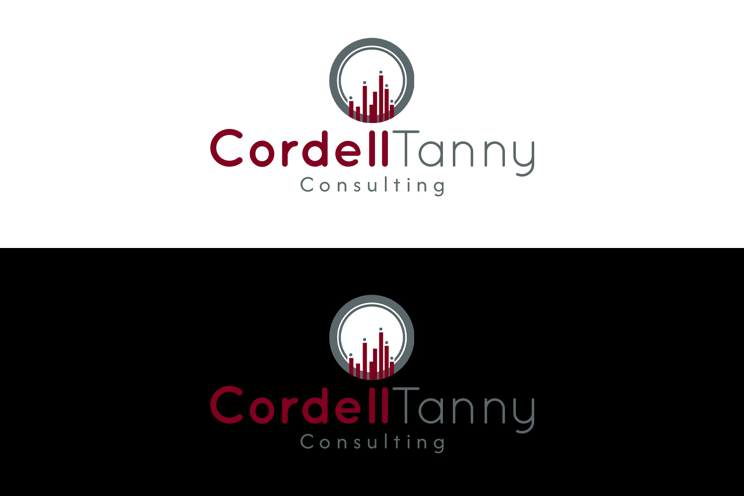 Cordell Tanny Consulting logo features a stylized bar graph within a circle, perfectly capturing their innovative approach. Available in two versions—one on a white background and one on black—the design reflects the insights found in any successful branding case study.
