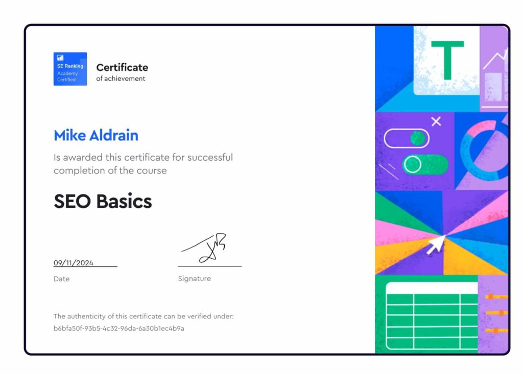 Certificate form SE ranking