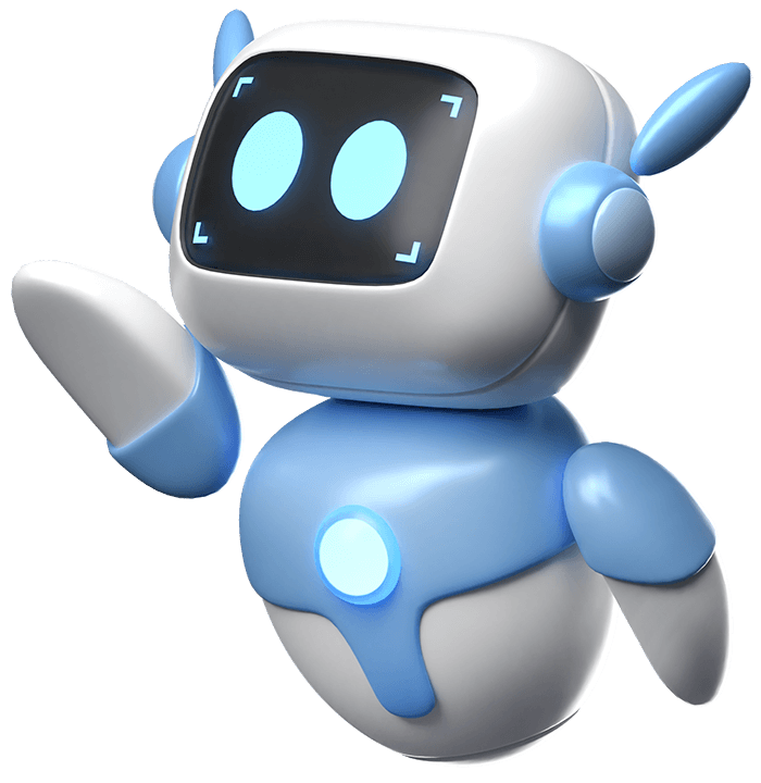 A cute blue and white cartoon robot, resembling an AI Call Receptionist, with a screen face, antennae, and glowing chest light, waves one arm in the air.