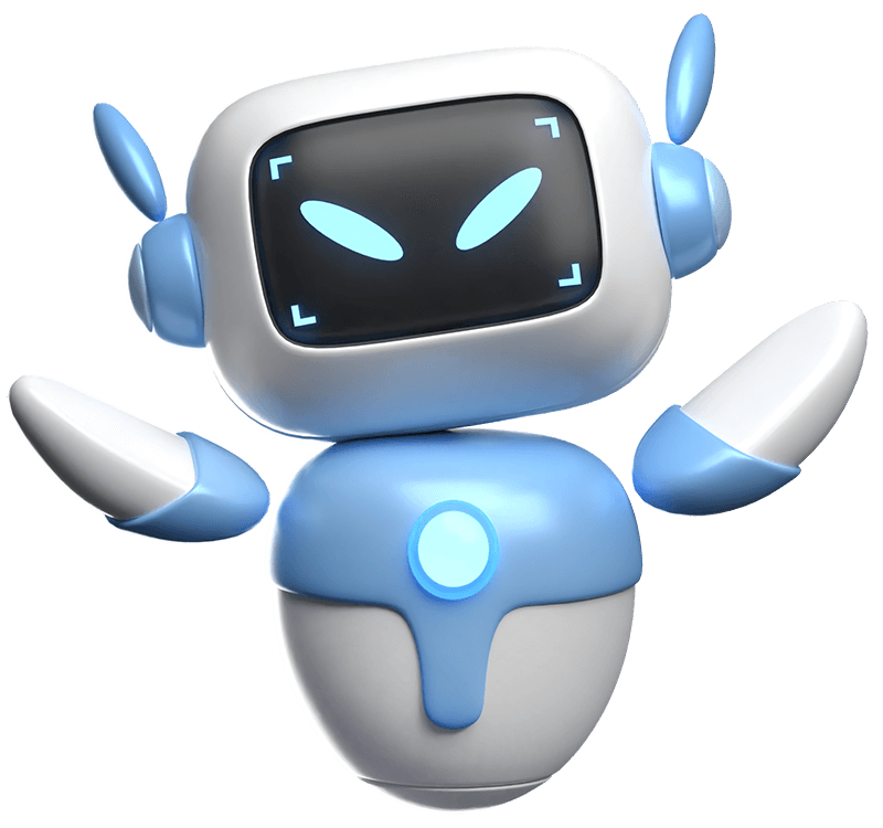 A white and blue cartoon robot, acting as an ai call receptionist, features a dark screen face with glowing blue eyes and raised arms, appearing cheerful or welcoming.
