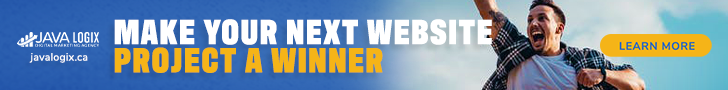 The Ultimate Guide to Wordpress Development Pricing: What to Expect Banner showcasing website design services with the text "Make Your Next Website Project a Winner." A person is jumping in excitement on the right. Learn about competitive WordPress website pricing—click "Learn More" with the Java Logix logo and website URL.