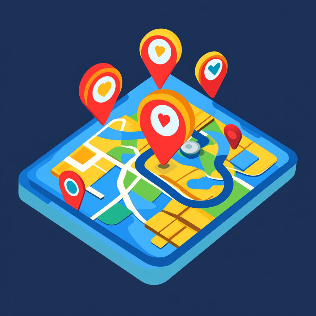 local search business guide - boost visibility & sales Illustrated 3D map with colorful location pins and a winding path on a dark blue background showcases how social media can boost your local business, guiding you through the digital landscape.