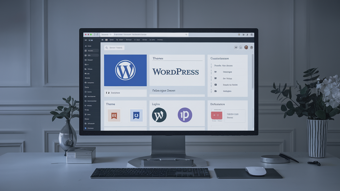 A computer screen showcases the WordPress dashboard, complete with theme and plugin options, while nearby, small desk items and decorative plants add charm. A WordPress pricing guide rests alongside these essentials, offering insights into costs and enhancing your setup.