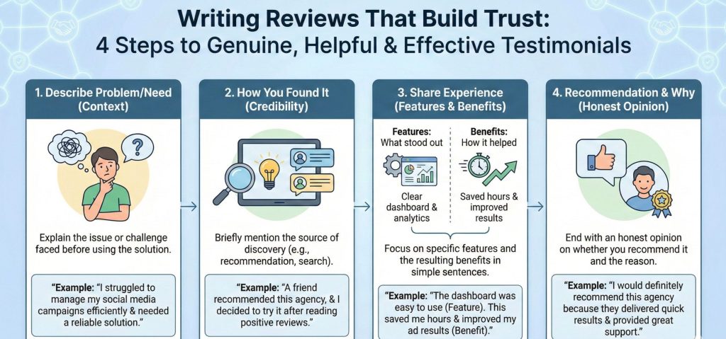 Writing Reviews: A Simple 4-Step Guide Infographic outlining four steps for Writing Reviews and effective testimonials: describe the problem, share how you found it, explain features and benefits, and provide an honest opinion.