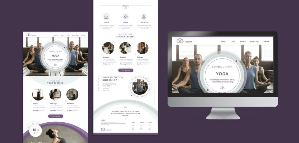 A WordPress website pricing page is artfully showcased on a computer screen and two mobile devices, featuring calming images of people practicing yoga and well-organized informational sections.