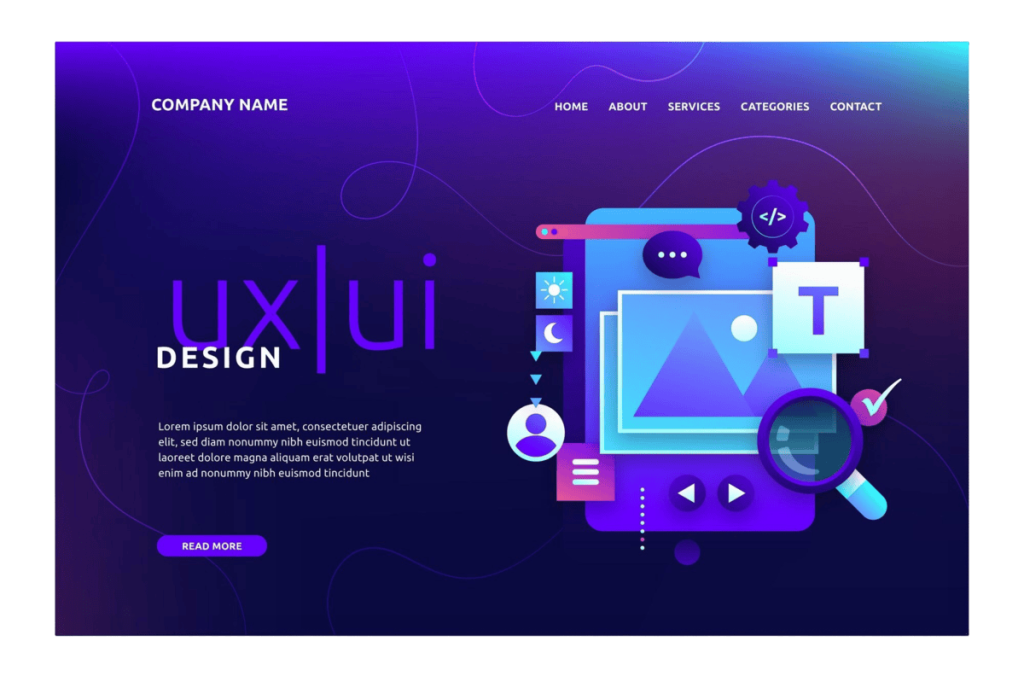 The Ultimate Guide to Wordpress Development Pricing: What to Expect Graphic of a UI/UX design concept with a purple and blue color scheme. Includes icons of a website, magnifying glass, and settings gear. Text: "UX/UI Design" with dummy text and navigation menu exploring WordPress website pricing strategies.