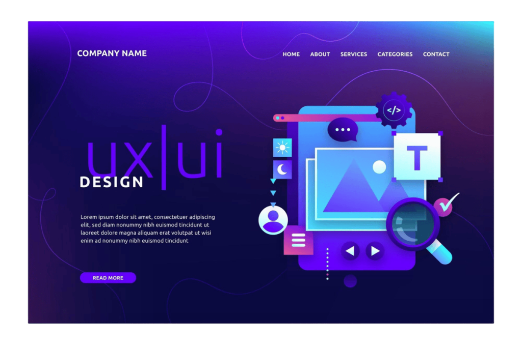 Graphic of a UI/UX design concept with a purple and blue color scheme. Includes icons of a website, magnifying glass, and settings gear. Text: "UX/UI Design" with dummy text and navigation menu exploring WordPress website pricing strategies.