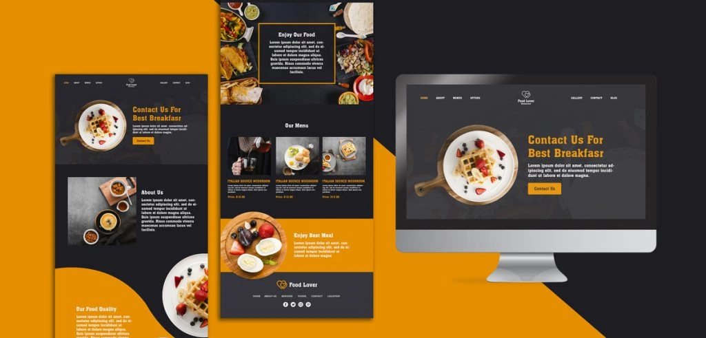 The website mockup beautifully showcases a breakfast-themed design across smartphone, tablet, and desktop screens against a dark and orange backdrop, illustrating the potential of WordPress website pricing for stunning visual appeal.