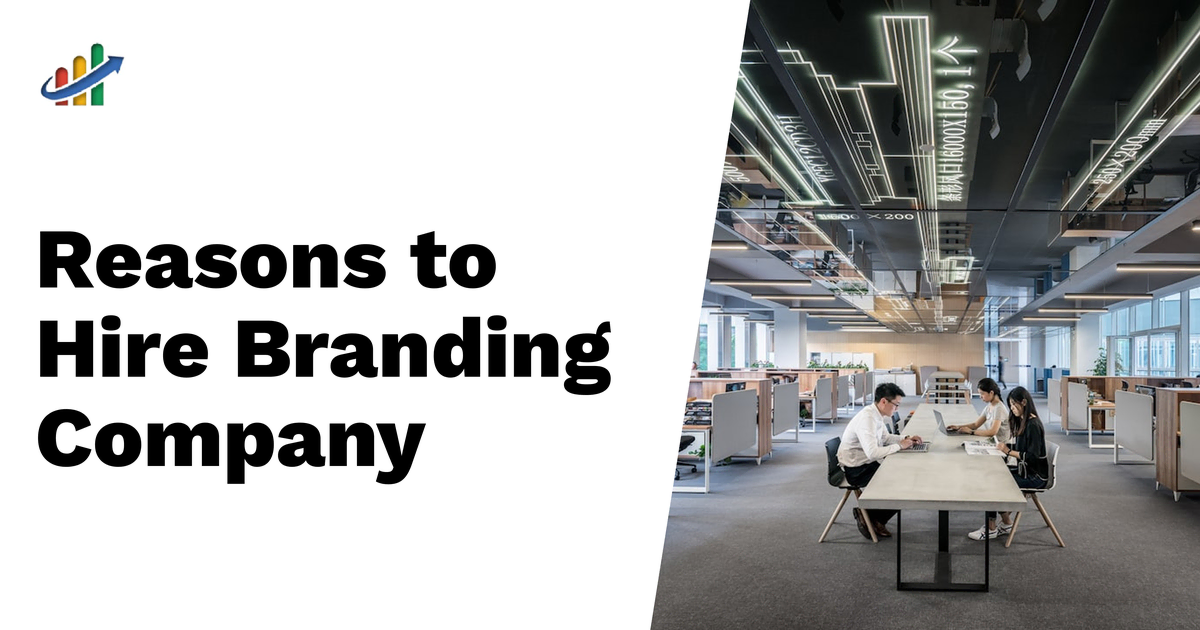 In a modern office, three people collaborate at a long table. Text on the image reads: "Discover the compelling reasons to hire a branding company.