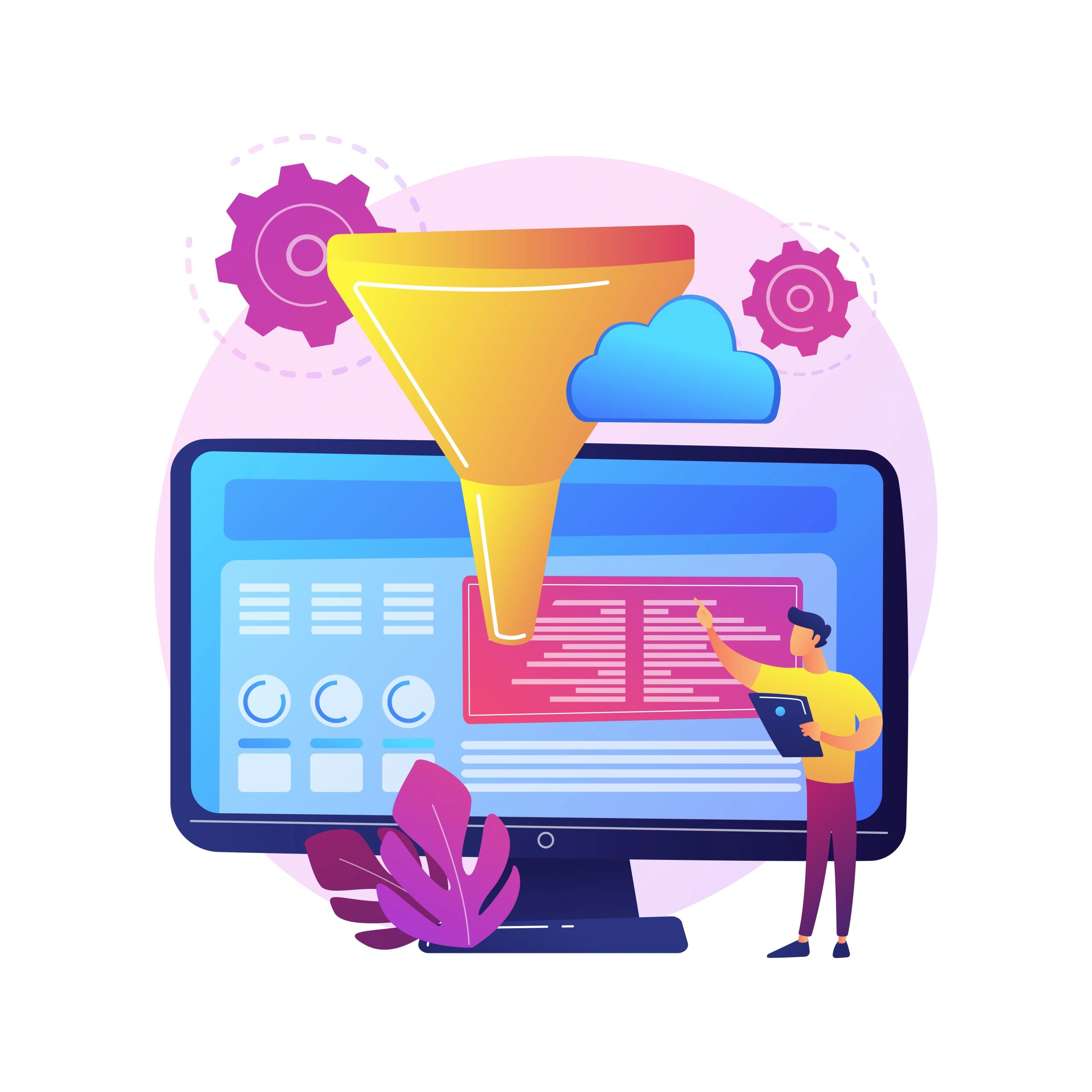 An illustration depicts a person with a tablet pointing at a large computer screen displaying data. Above, a funnel symbol surrounded by clouds and gears signifies building a review funnel, emphasizing the essence of data processing or filtering.