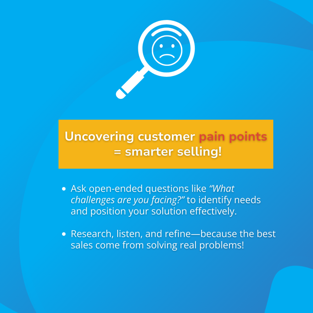 A blue background features a magnifying glass with a sad face icon. The text reads: "Uncovering customer pain points = smarter selling with BANT!" Discover tips on asking questions and refining sales strategies to solve problems effectively.
