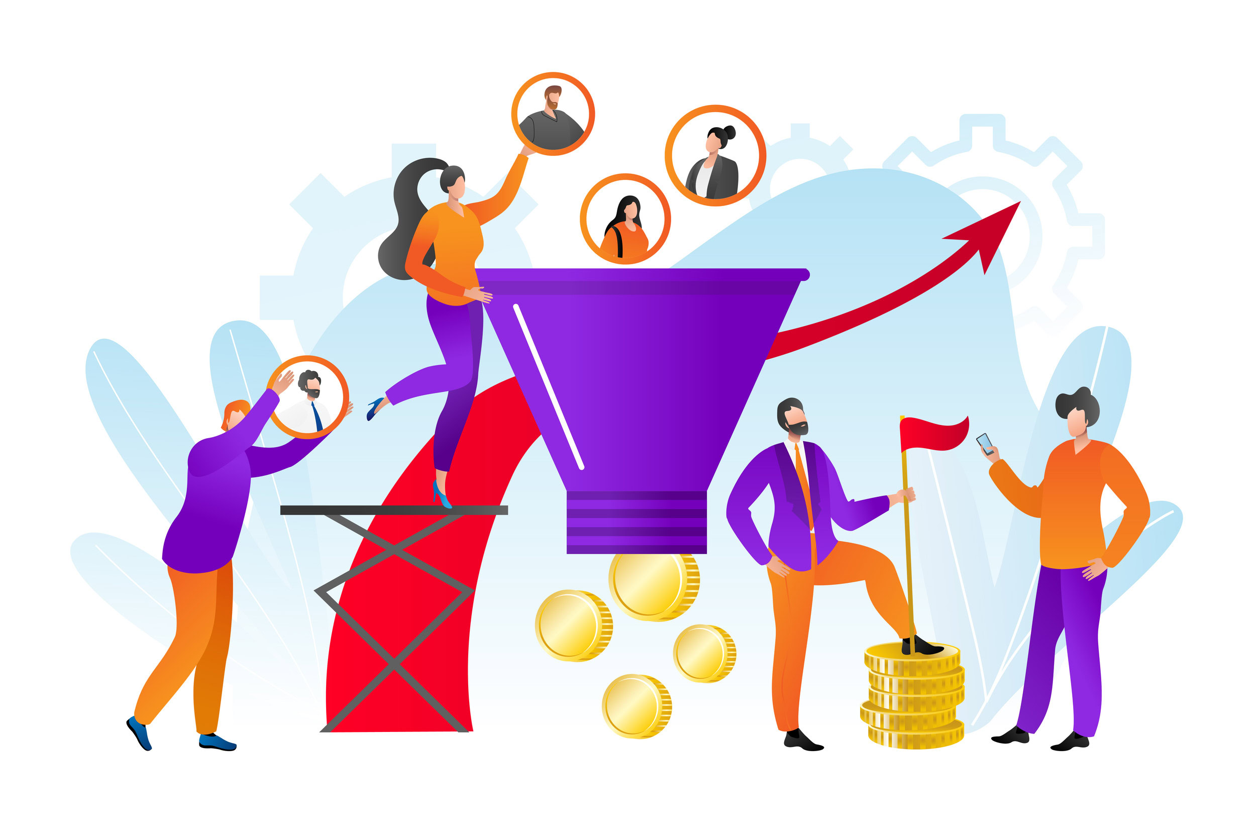An illustration showcases people engaging with a large sales funnel, coins, and an upward arrow. Individuals hold devices and flags, while portraits above the funnel symbolize conversion or recruitment, subtly hinting at a guide to automated customer review funnels, guide to automated customer review funnels