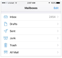 Screenshot of iPhone mailboxes screen