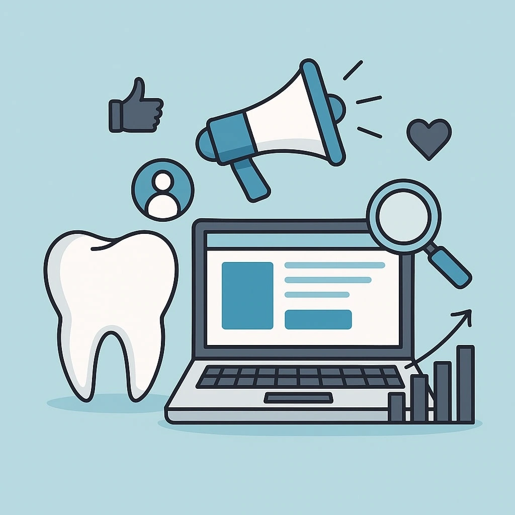 Illustration of a tooth, laptop, megaphone, magnifying glass, bar graph, thumbs up, heart, and user icons, symbolizing effective dental marketing and online promotion.