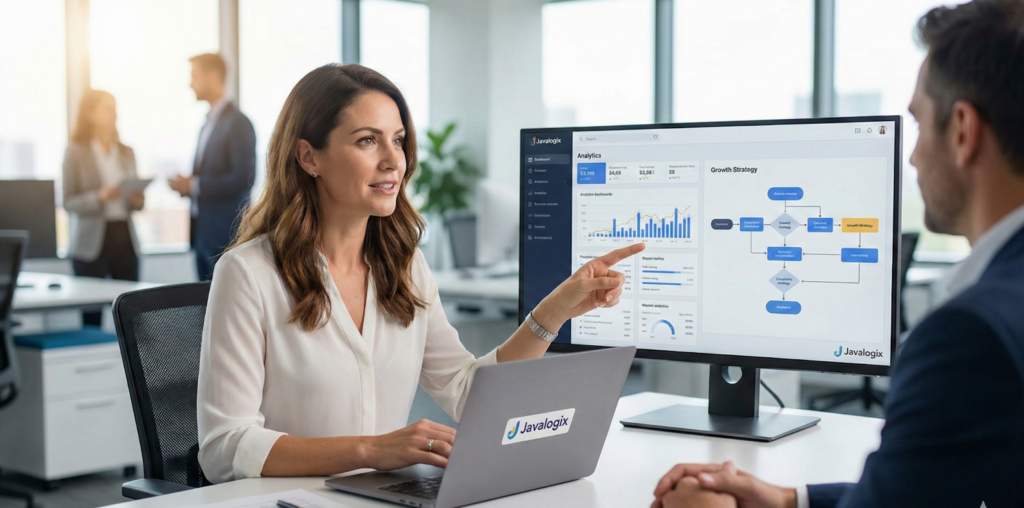 Why Do You Need a Digital Marketing Consultant? A woman points to a computer screen displaying growth strategy charts during a business meeting in an office, sparking a discussion on why do you need a digital marketing consultant as two people talk in the background.