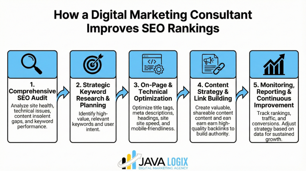 Why Do You Need a Digital Marketing Consultant? Infographic showing five steps for SEO improvement—audit, keyword research, on-page optimization, content strategy, and ongoing monitoring—answering "Why Do You Need a Digital Marketing Consultant?" with brief descriptions under each step.