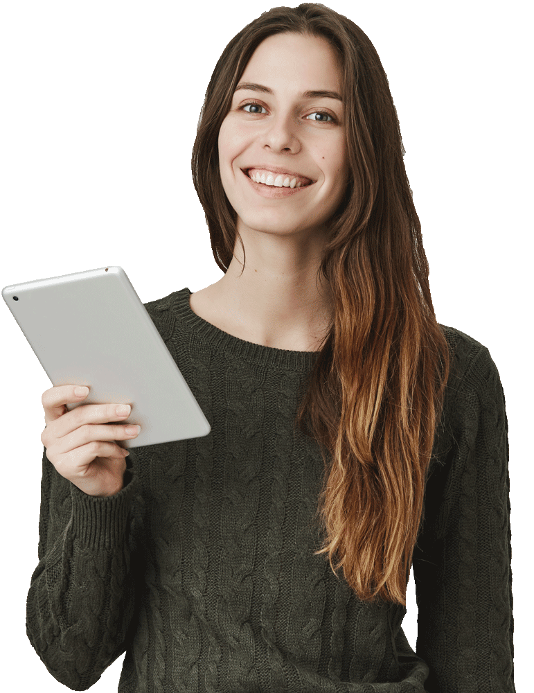 portrait of young woman holding in arms tablet com 2022
