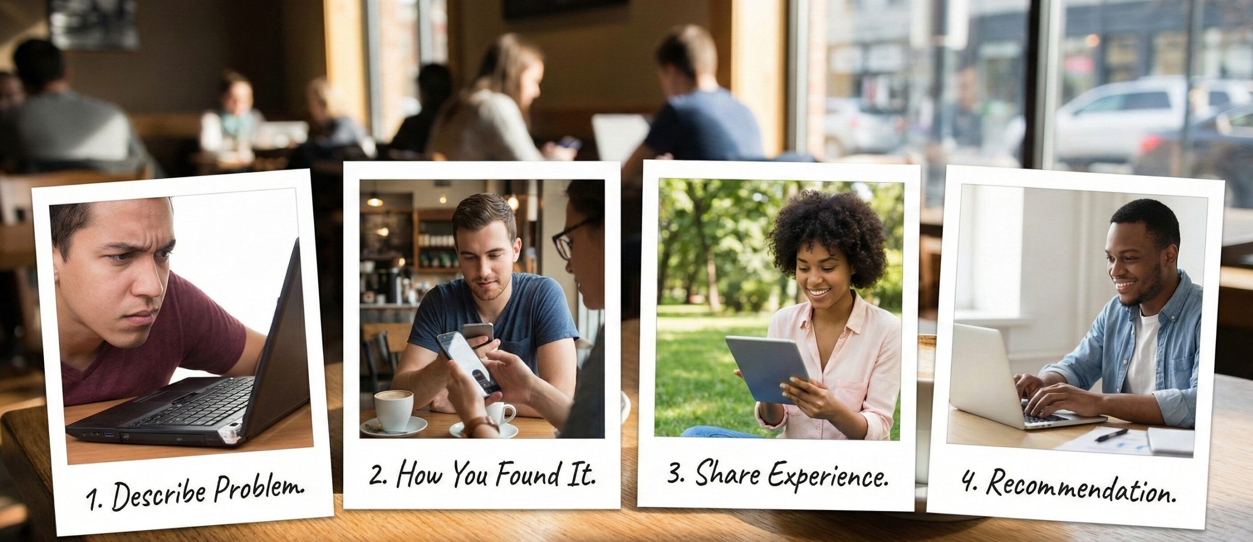 Writing Reviews: A Simple 4-Step Guide Four people in a café use laptops and tablets, each image labeled as a step: 1. Describe Problem, 2. How You Found It, 3. Share Experience, 4. Writing Reviews/Recommendation.