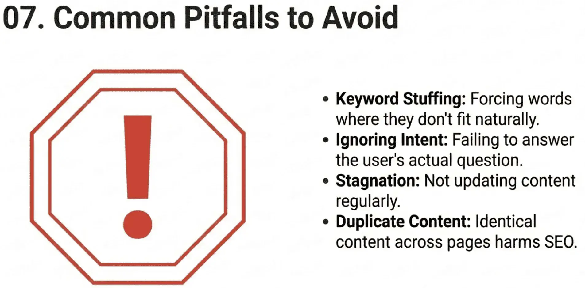 On-Page Keyword Optimization CA | Ultimate SEO Cheat Sheet A stop sign icon with an exclamation mark highlights a list of common SEO pitfalls: on-page keyword optimization ca mistakes, keyword stuffing, ignoring intent, stagnation, and duplicate content.