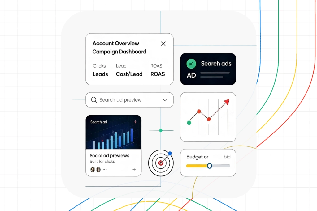 Digital Marketing System dashboard interface showing campaign metrics, ad previews, search bar, budget slider, line graphs, and social search ad performance indicators.