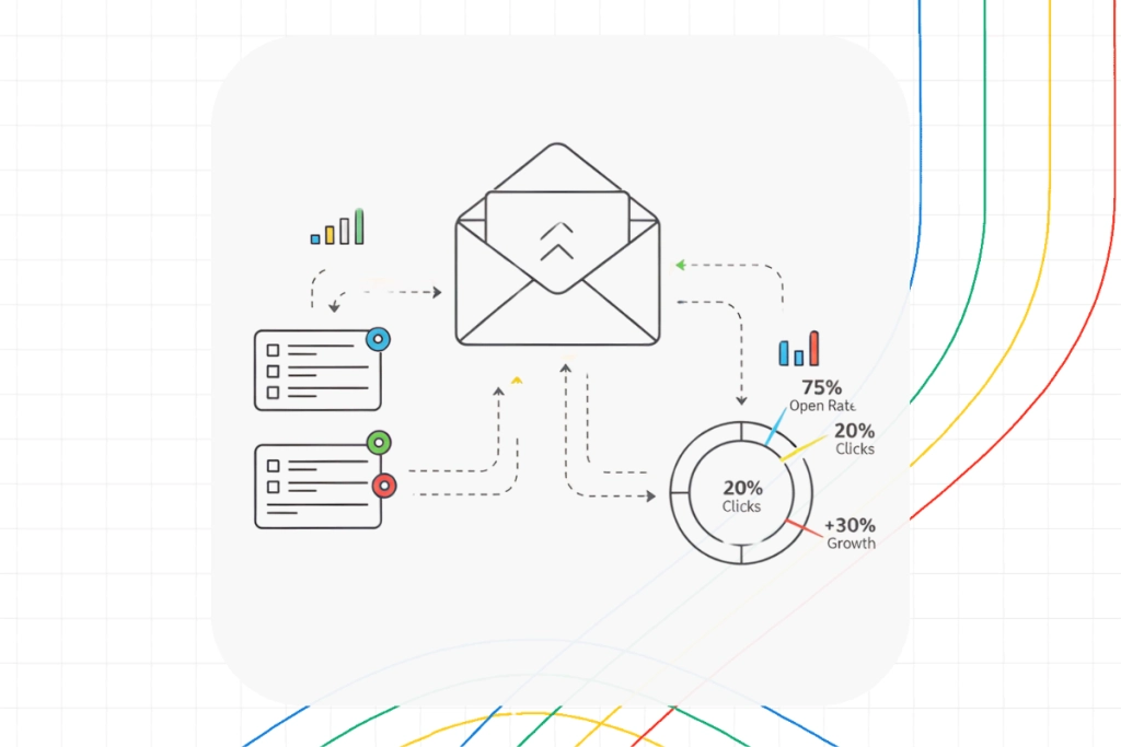 Diagram illustrating a Digital Marketing System: an envelope icon with arrows linking to bar charts, checklists, and a pie chart showing key email metrics—75% open rate, 20% clicks, and 30% growth.