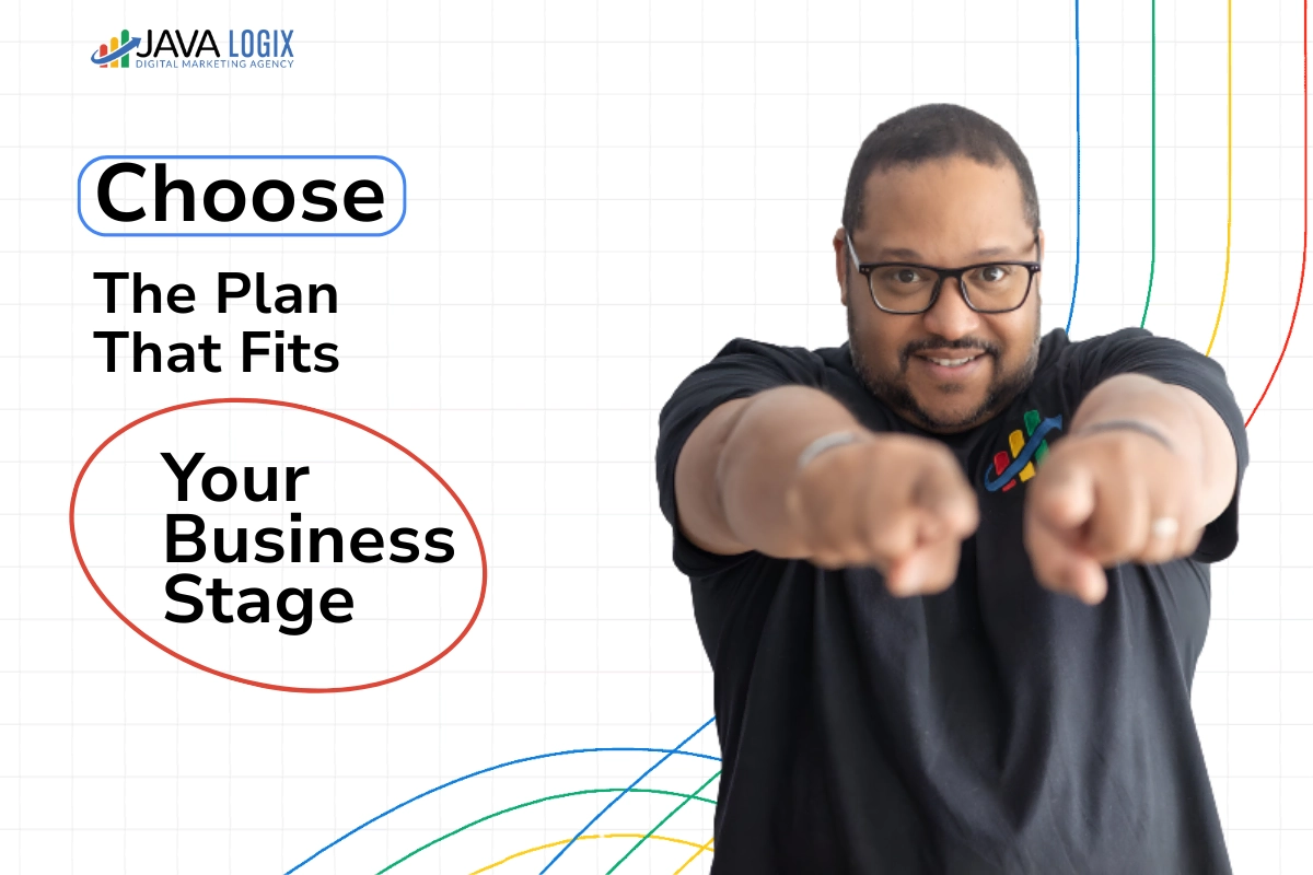 A man points at the camera with both hands in front of a background that reads, "Choose the Digital Marketing System that fits your business stage." The Java Logix logo appears in the top left corner.