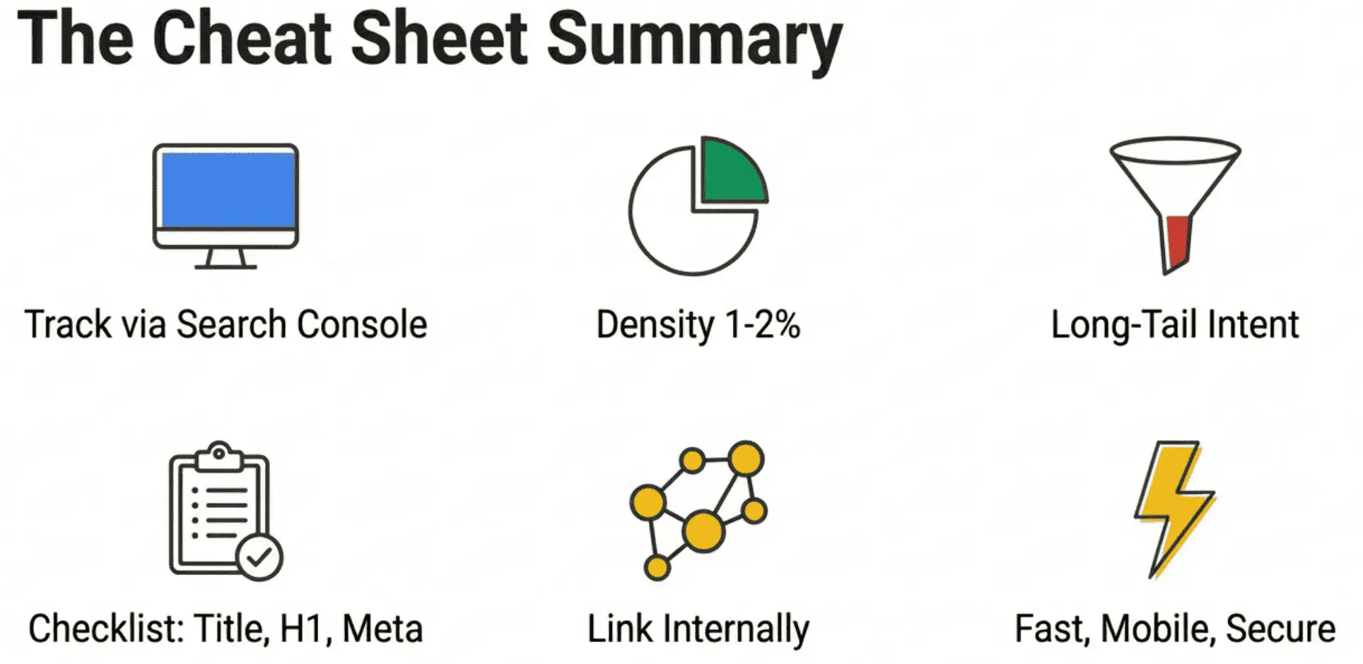 On-Page Keyword Optimization CA | Ultimate SEO Cheat Sheet Infographic summarizing SEO tips: use Search Console, keep keyword density at 1-2% with on-page keyword optimization, target long-tail intent, optimize titles and meta tags, add internal links, and ensure fast, mobile, secure sites.