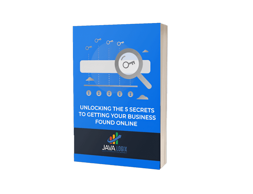 A book titled "Unlocking the 5 Secrets to Getting Your Business Found Online" by Java Logix, featuring a blue cover with a key and search bar graphic—perfect for those seeking expert insights on local SEO services.