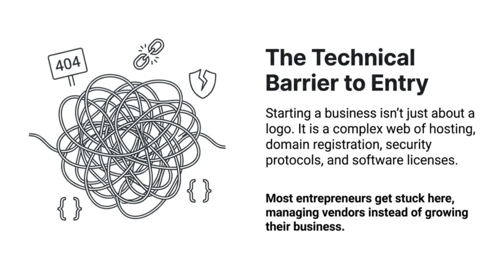 From Idea to Industry Leader: Launch Your Digital Presence Complex web of business challenges illustrated.