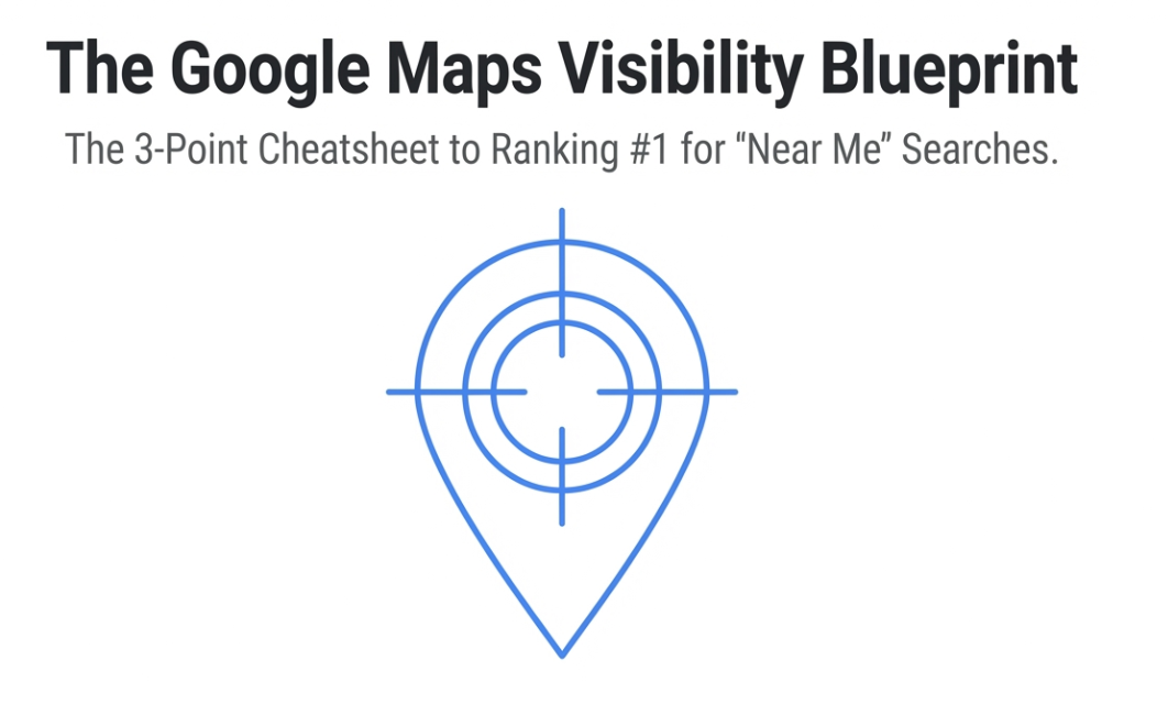 Home - Digital Marketing Agency A map pin icon with a target overlay is shown below the text: "The Google Maps Visibility Blueprint: The 3-Point Cheatsheet to Ranking #1 for 'Near Me' Searches for unbeatable local SEO success.