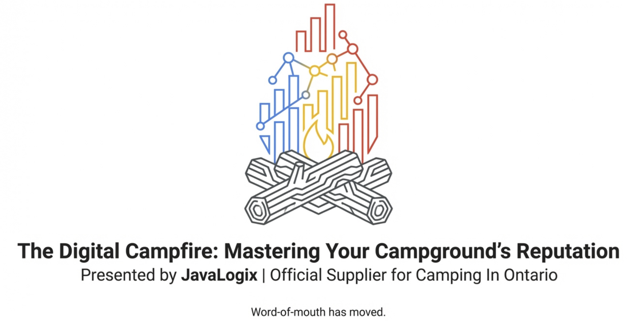 A stylized campfire with colored bar and line graphs above it, paired with tips on mastering your campground’s digital reputation and online reviews, presented by JavaLogix.