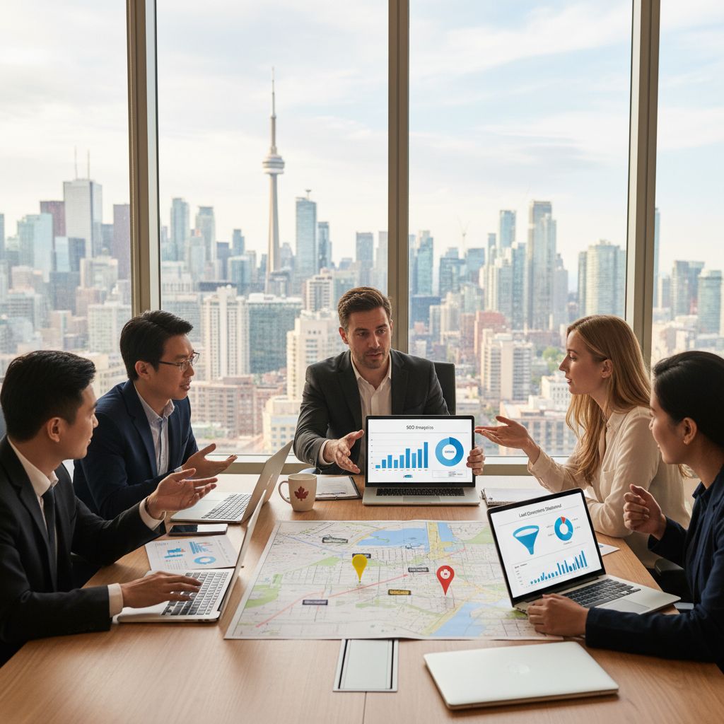 Dynamic team of marketing professionals collaborating in a modern Toronto office with city skyline view, laptops and digital screens showing analytics.