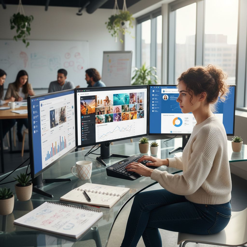Professional young social media manager in modern office analyzing metrics on screens with social platforms visible.
