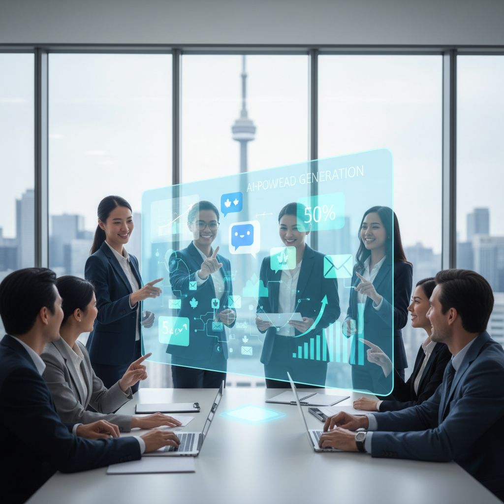 Illustration of team collaborating on AI lead generation in Toronto office