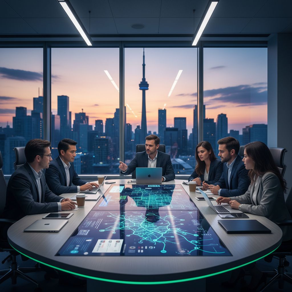Vibrant image of Toronto skyline and diverse digital marketing team collaborating in modern office
