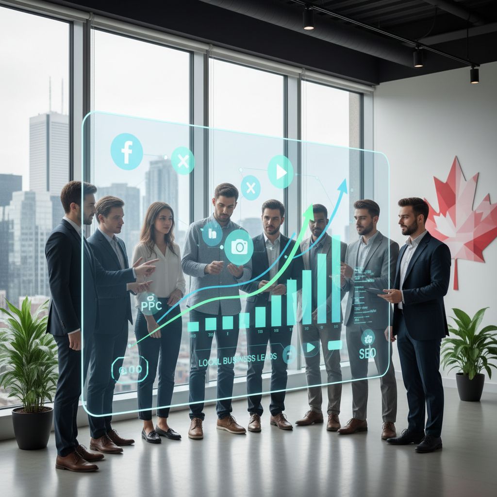 Dynamic team of social media professionals collaborating on digital growth strategies in a modern Toronto office