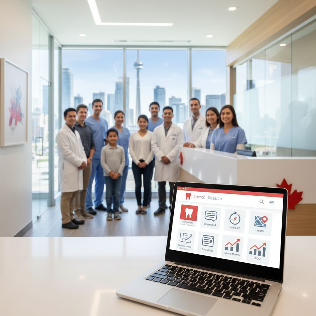 Modern Toronto dental clinic with smiling team and laptop displaying SEO success icons against urban skyline.