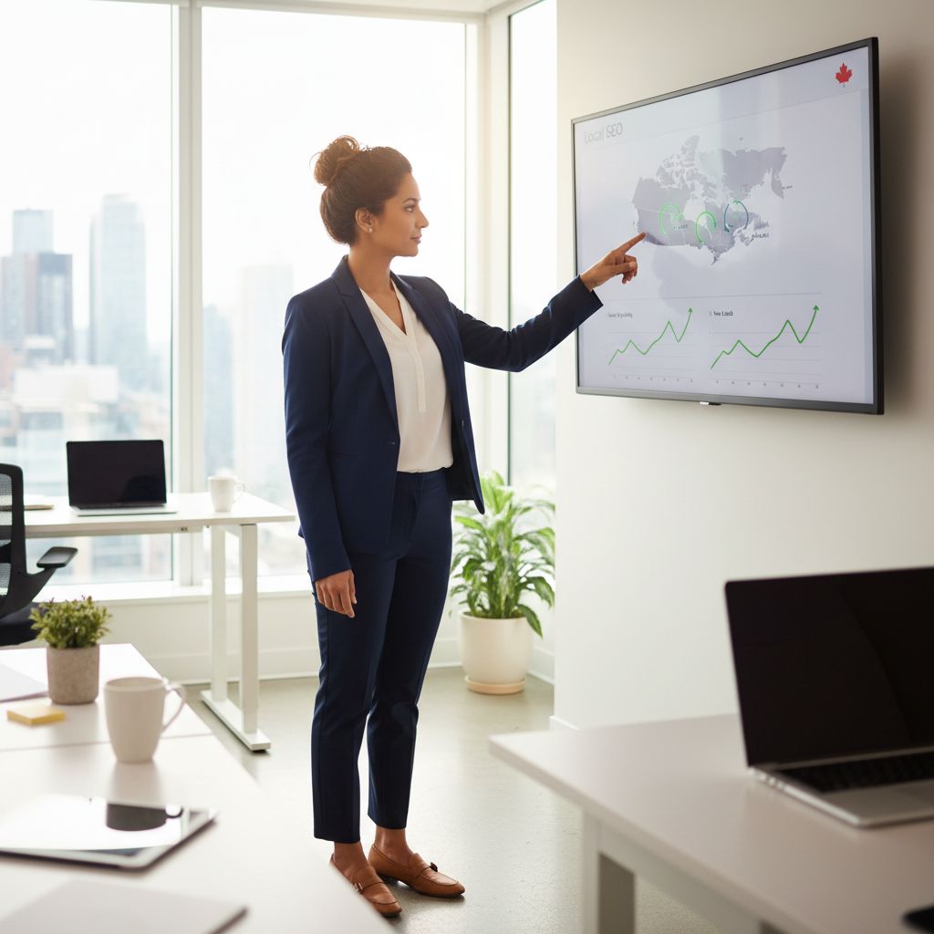 Diverse small business owner in Toronto office pointing to local SEO dashboard with Canadian city highlights and rising graphs.
