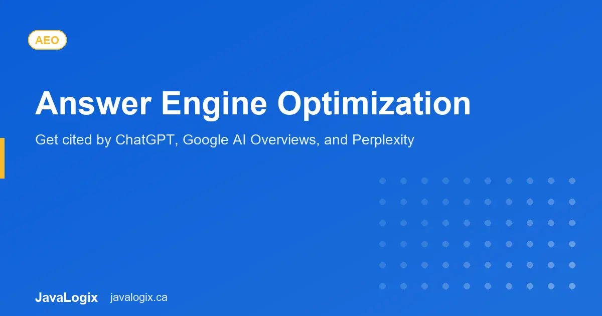 Answer Engine Optimization Answer engine optimization hero graphic with JavaLogix branding
