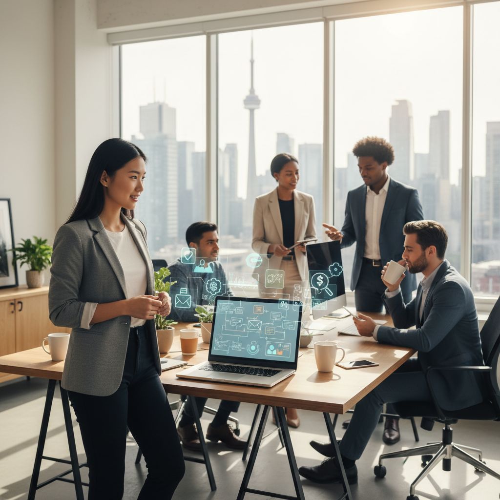 Diverse team of small business professionals in modern Canadian office reviewing marketing automation tools on laptop with Toronto skyline view.