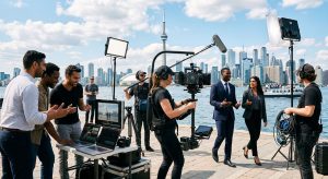 Lead Magnet | Pay Per Click Diverse video production team from Toronto agency filming at waterfront with CN Tower, showcasing creative marketing expertise