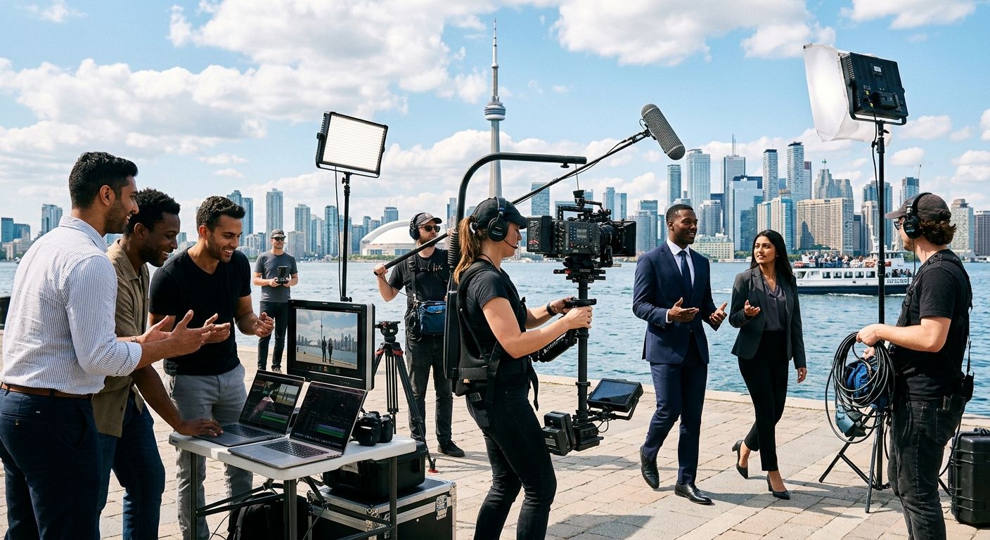 Diverse video production team from Toronto agency filming at waterfront with CN Tower, showcasing creative marketing expertise