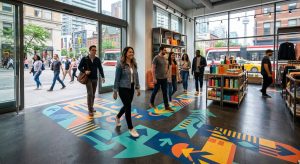 Lead Magnet | Pay Per Click Vibrant custom floor decals directing customers in busy Toronto retail store with urban backdrop and natural light.