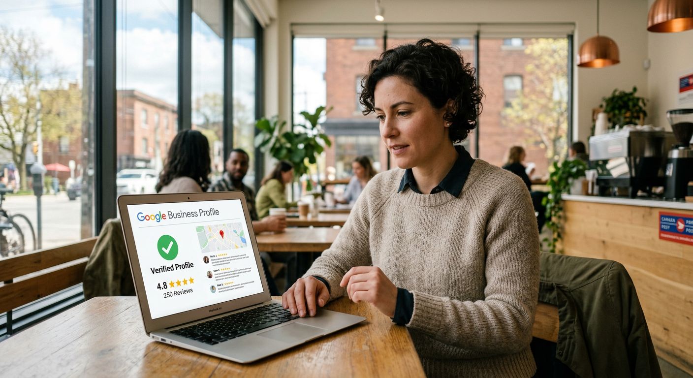 Canadian small business owner in a coffee shop reviewing an optimized Google Business Profile dashboard on a laptop, with verified listing and positive reviews, warm daylight setting.